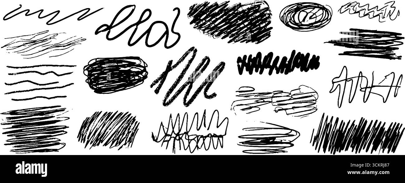 Abstract expression: collection of twelve scratchy hand-drawn marks for ...