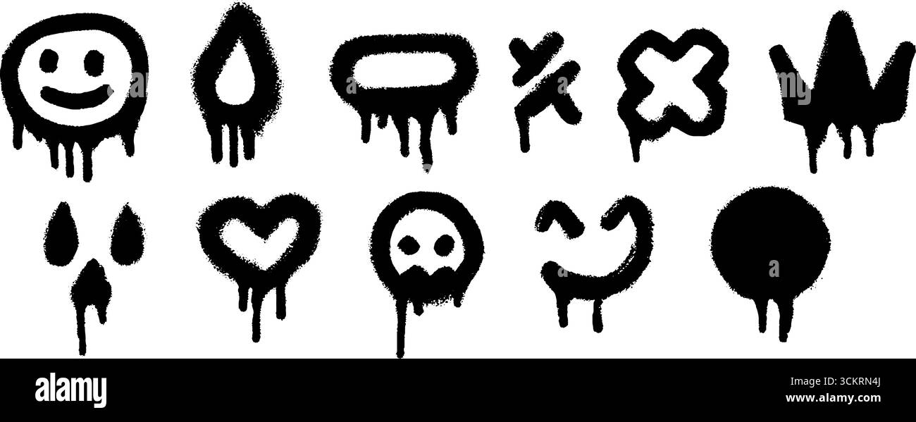 Dripping graffiti icons collection featuring smiley faces and abstract ...