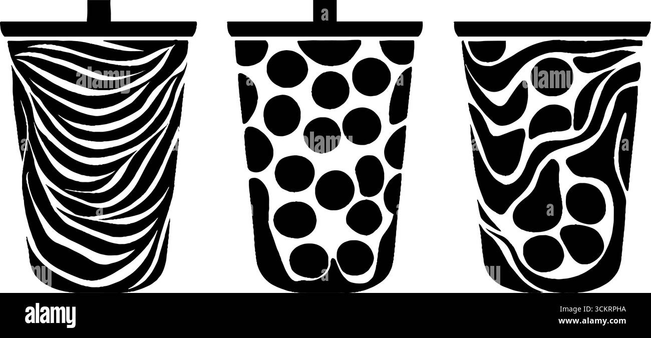 Set of abstract bubble tea cups with straws and tapioca pearls design ...