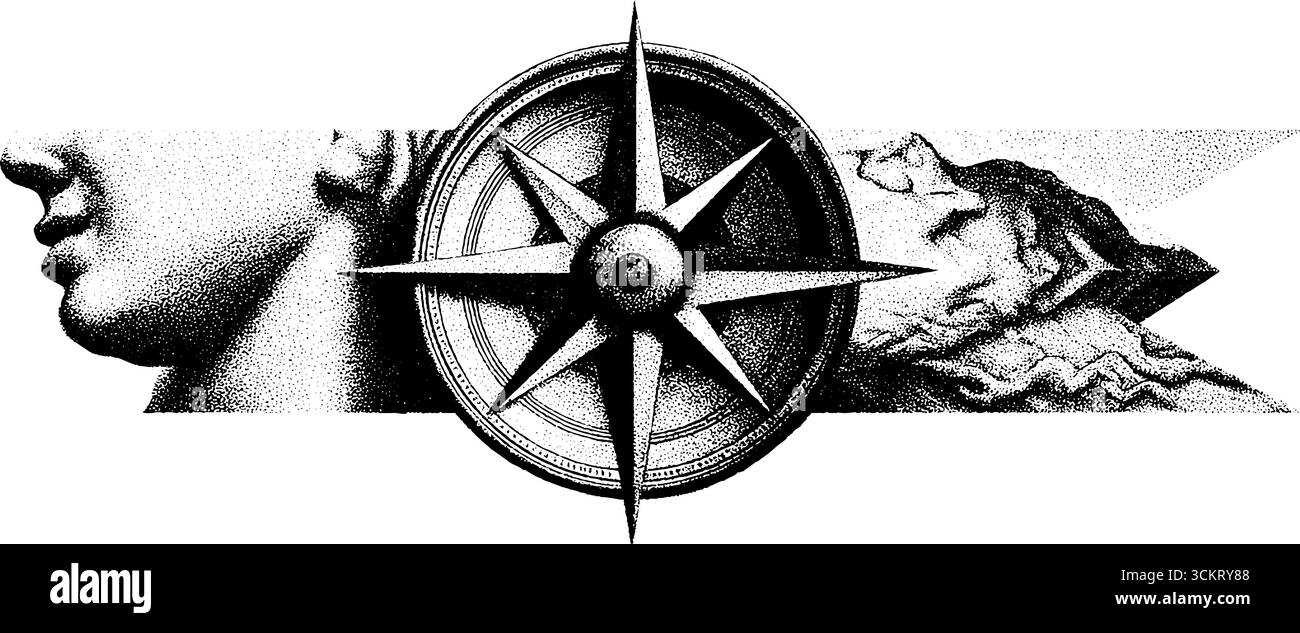 Compass and map dotwork tattoo design with blackwork elements Stock ...