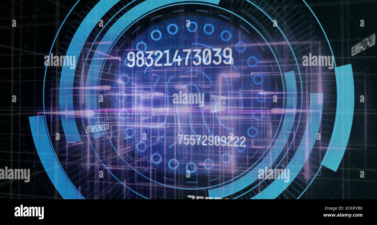 Rotating HUD interface within dark grid space, displaying numeric sequences and binary digits Stock Photo