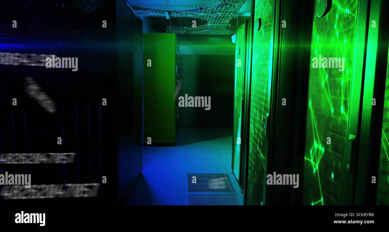 Highlighting server rack showing green LED mesh panels in server corridor, featuring cabling trays Stock Photo
