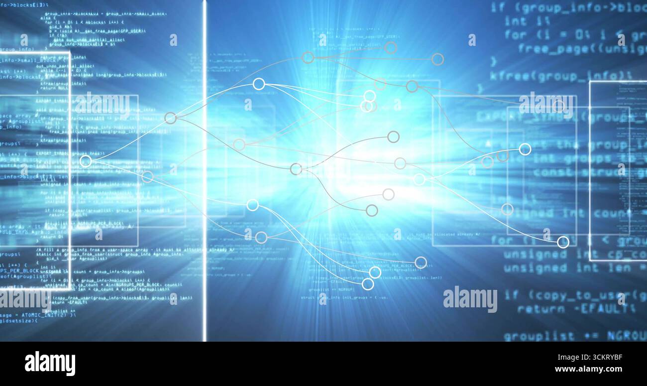 Displaying glowing network map flowing in cyberspace, with data nodes, neon lines, code windows Stock Photo