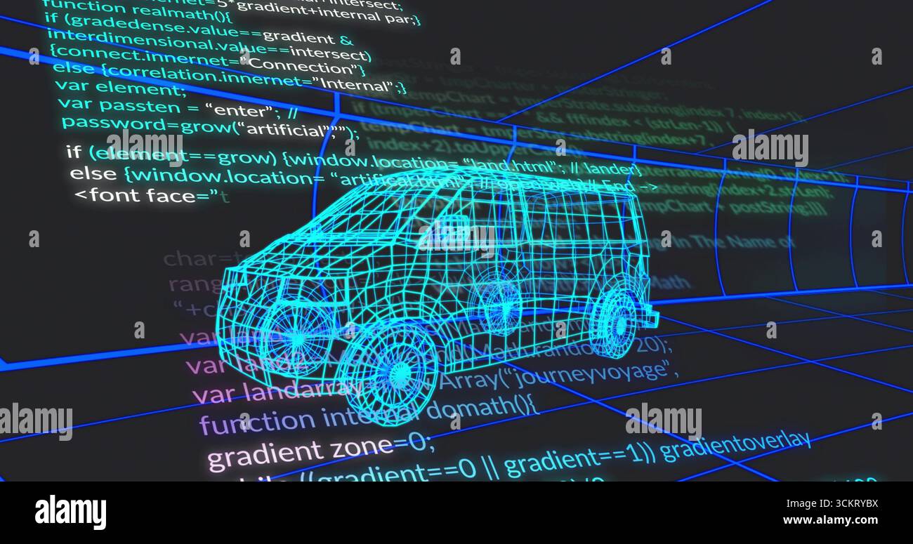 Rendering bright cyan 3D van wireframe in modeling interface with code axis guides and grid lines Stock Photo