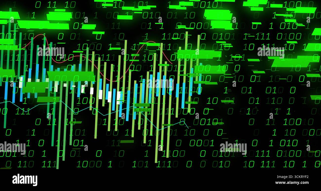 Displaying candlestick chart bars with red trend line on digital interface, binary digits streaming Stock Photo