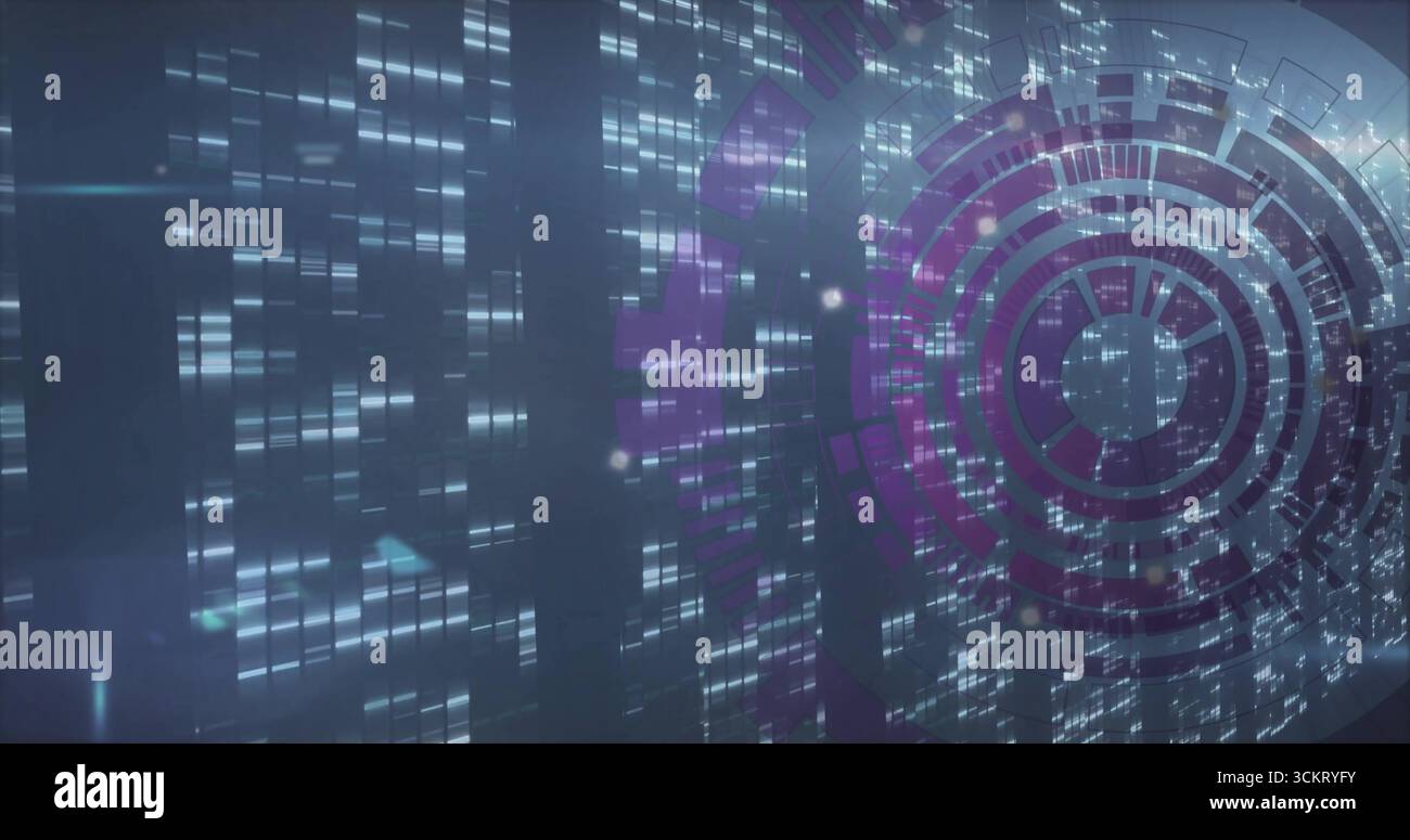 Displaying circular HUD overlay in interface, with pixel data flows and light matrices, copy space Stock Photo