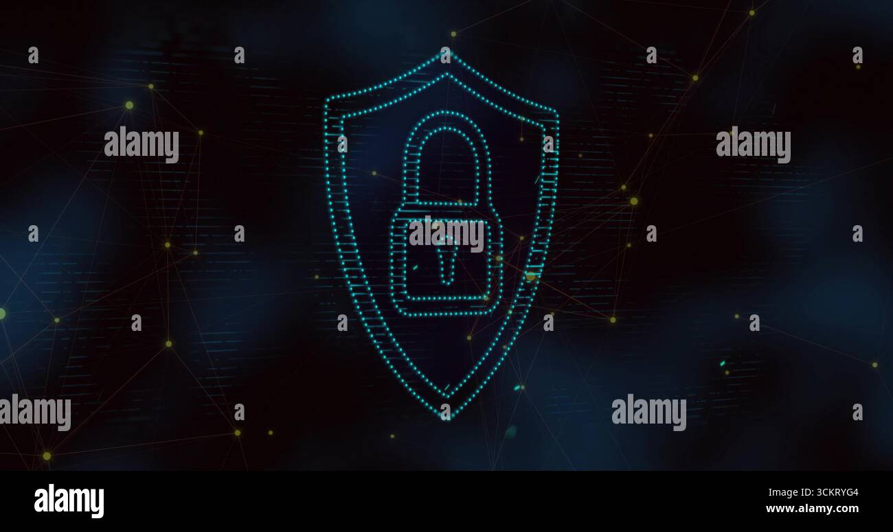 Glowing turquoise dotted shield floating in virtual network lines, with padlock icon and data nodes Stock Photo