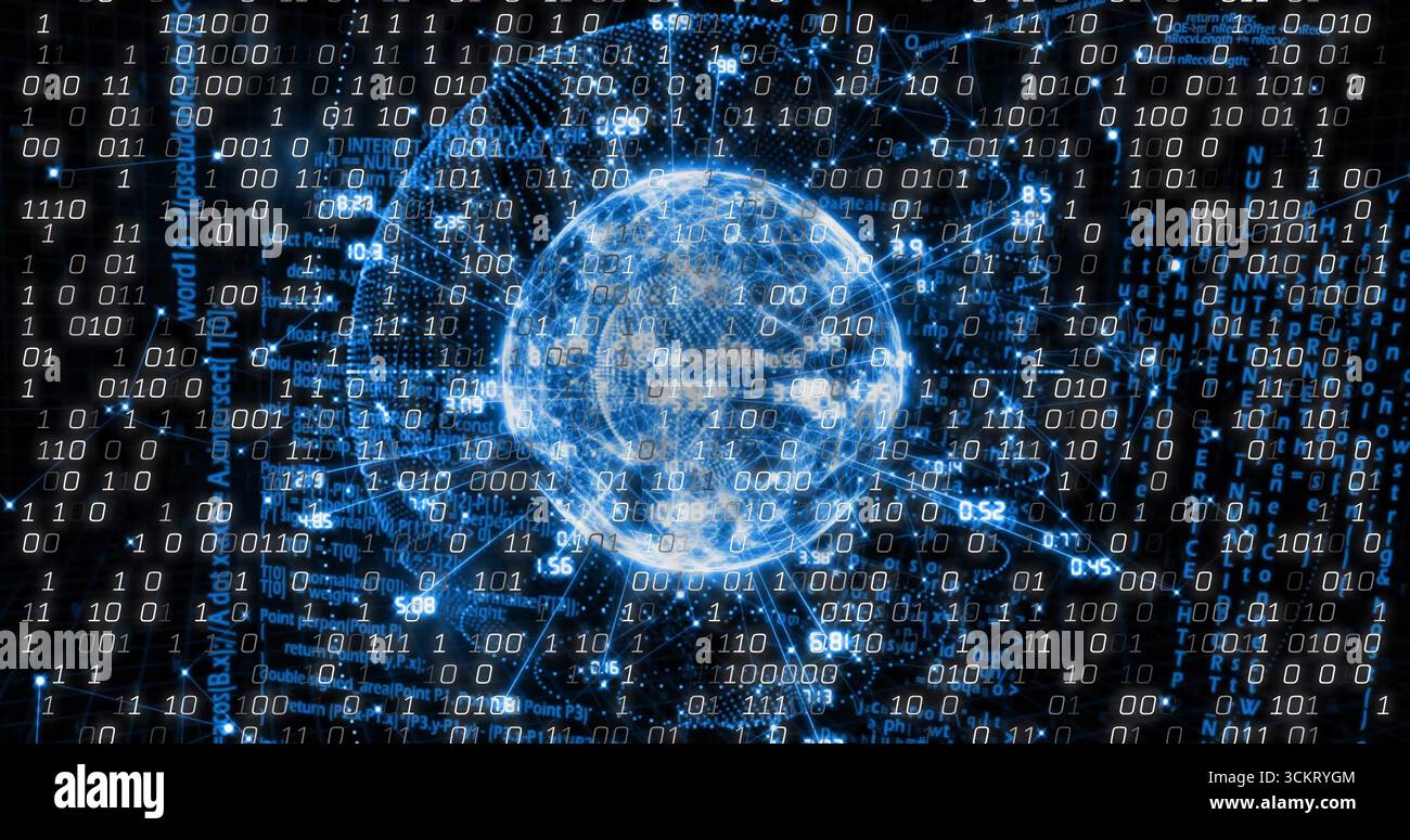 Displaying glowing blue digital globe streaming binary code in virtual network, with network lines Stock Photo
