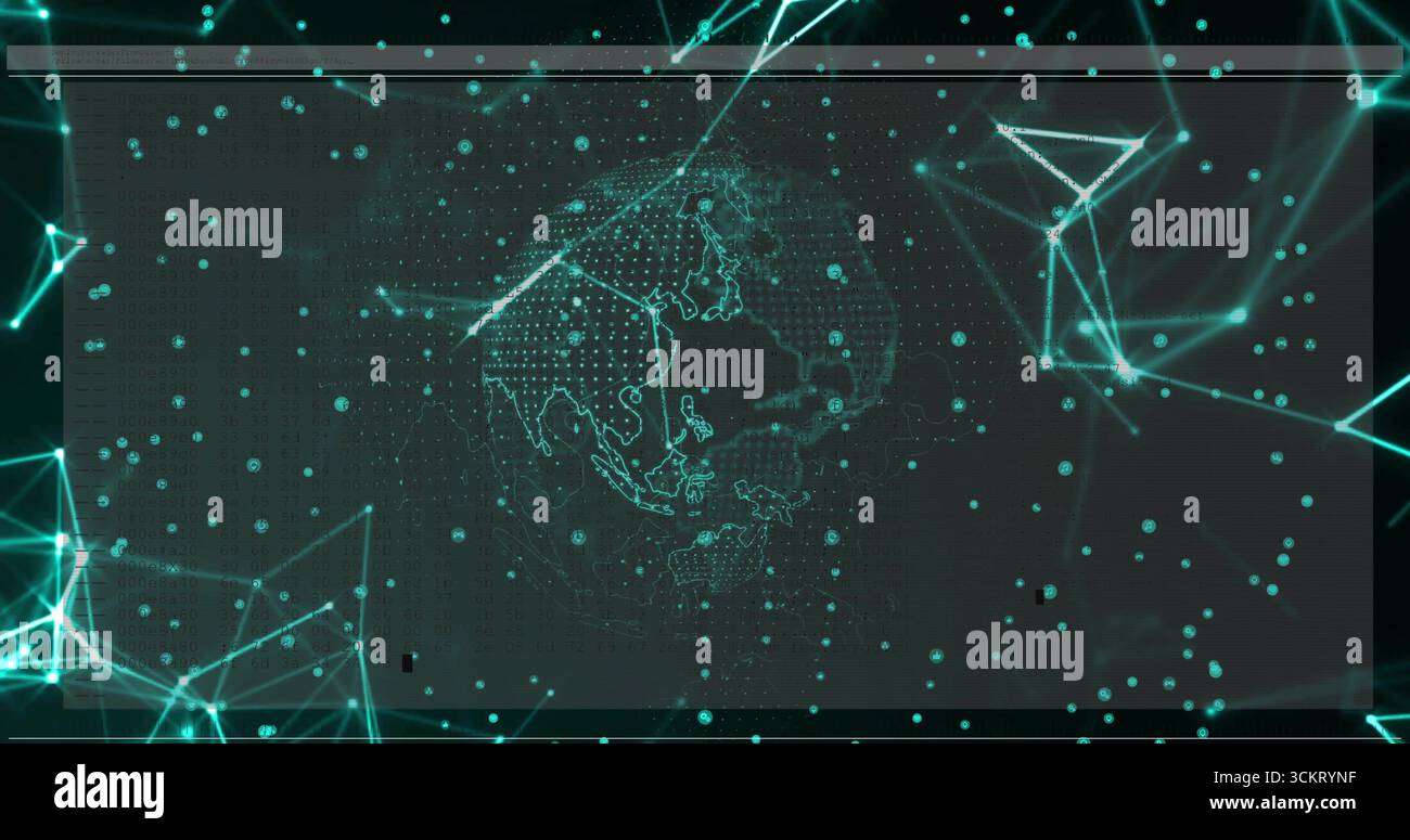 Displaying Asia-focused dotted wireframe globe at network interface, with teal nodes, data points Stock Photo