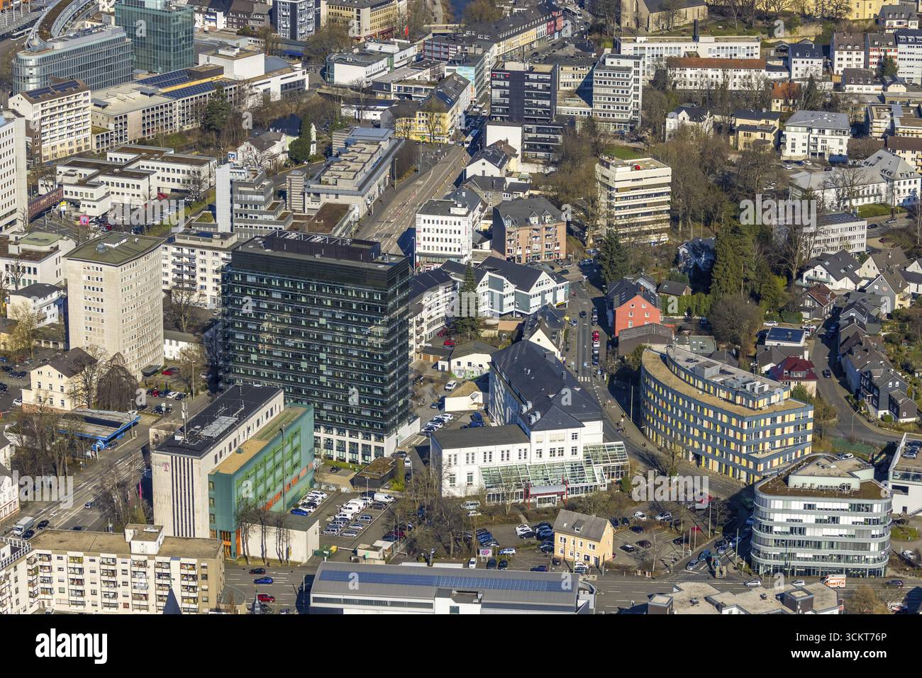 Aerial view, City with district house Siegen-Wittgenstein black high-rise building, Kulturhaus Luez, Siegen-Kernband, Siegen, Sauerland, North Rhine-W Stock Photo