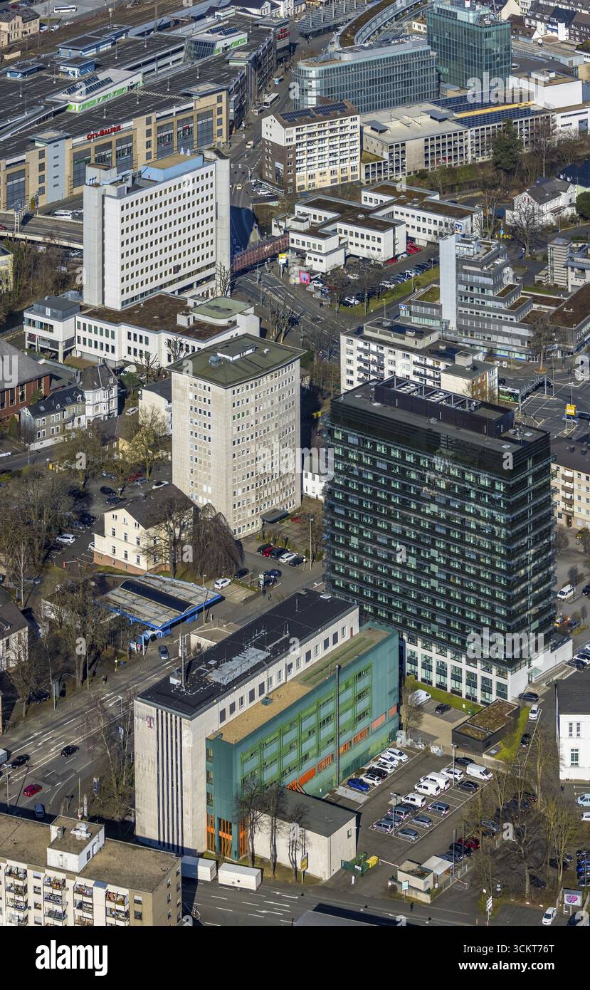 Aerial view, City with district house Siegen-Wittgenstein black high-rise building, Kulturhaus Luez, Siegen-Kernband, Siegen, Sauerland, North Rhine-W Stock Photo