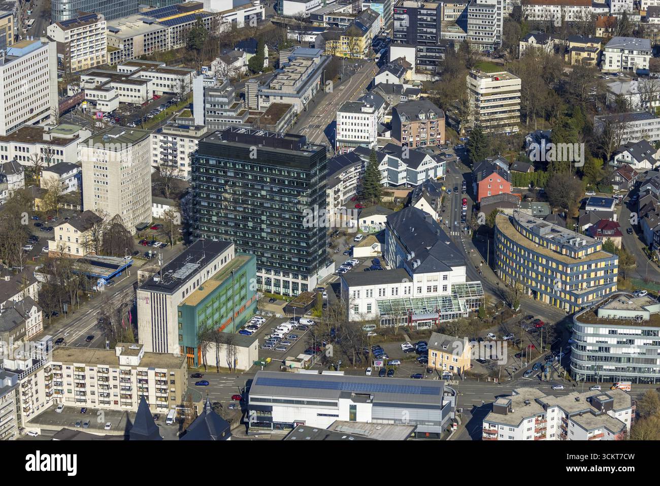 Aerial view, City with district house Siegen-Wittgenstein black high-rise building, Kulturhaus Luez, Siegen-Kernband, Siegen, Sauerland, North Rhine-W Stock Photo