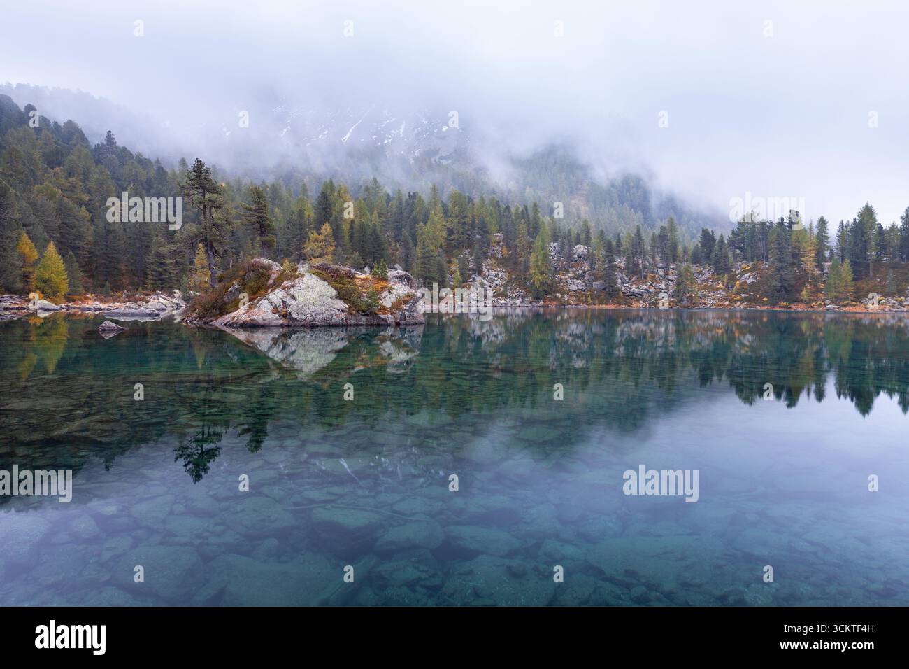 Lago di Saoseo in autumn, an alpine lake with crystal-clear water, colorful fall foliage and morning mist. Stock Photo