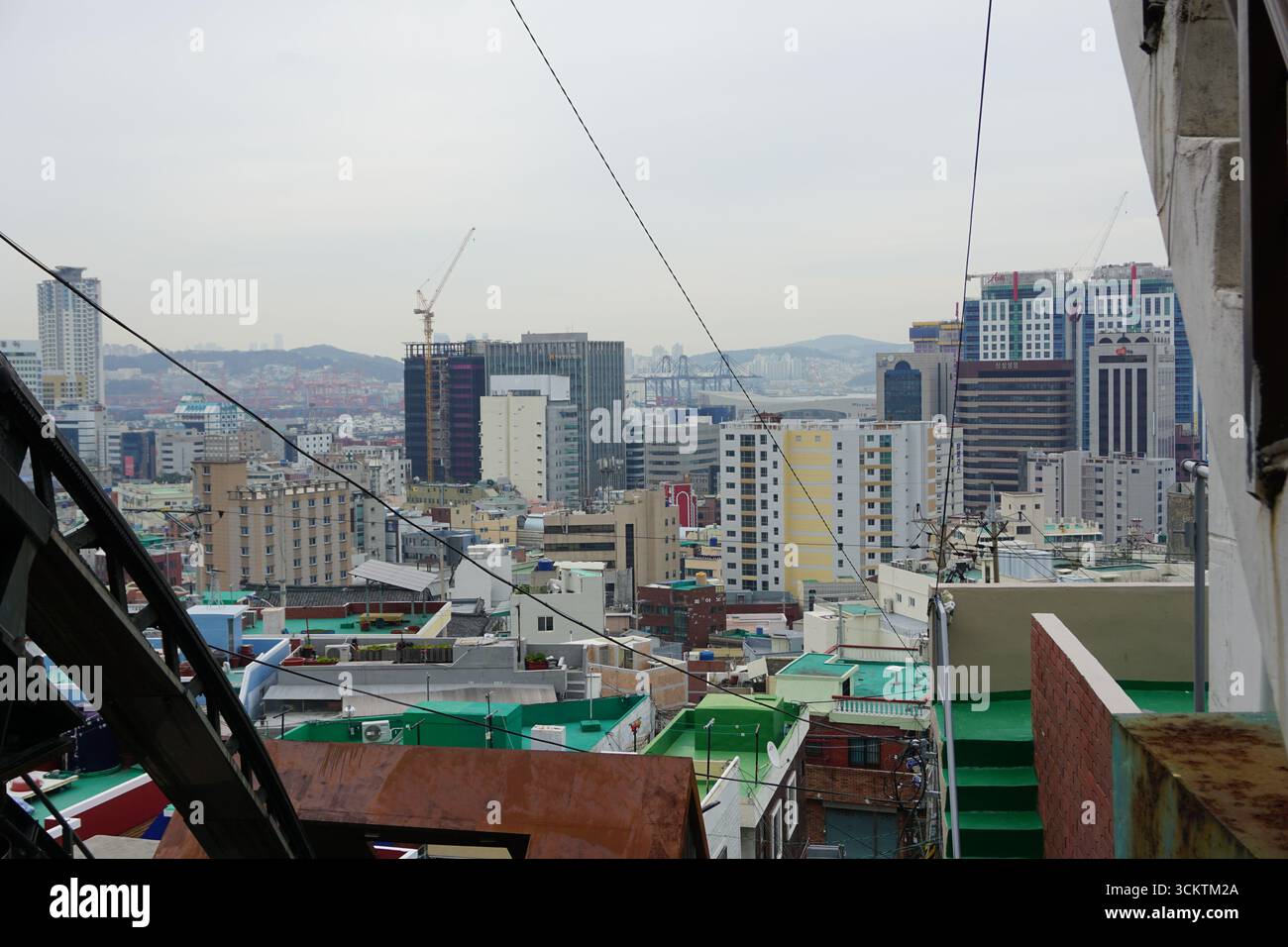 Busan, South Korea: Panorama of Busan viewing from the Upper Station of Cable Car along Choryang Ibagu-gil Alley Stock Photo