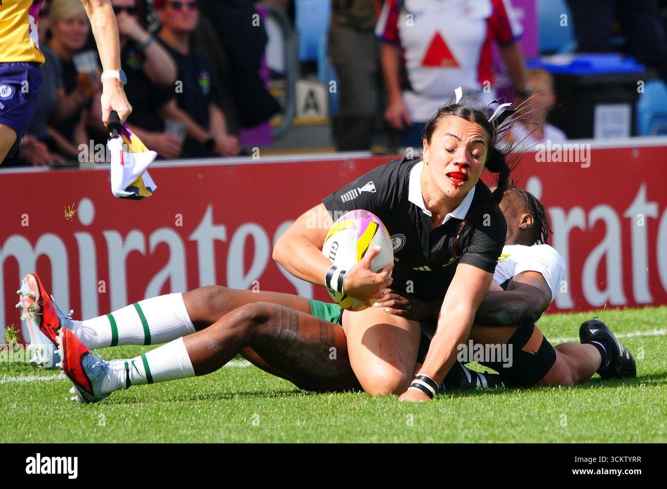 New Zealand's Stacey Waaka (centre) is tackled as her nose appears to ...
