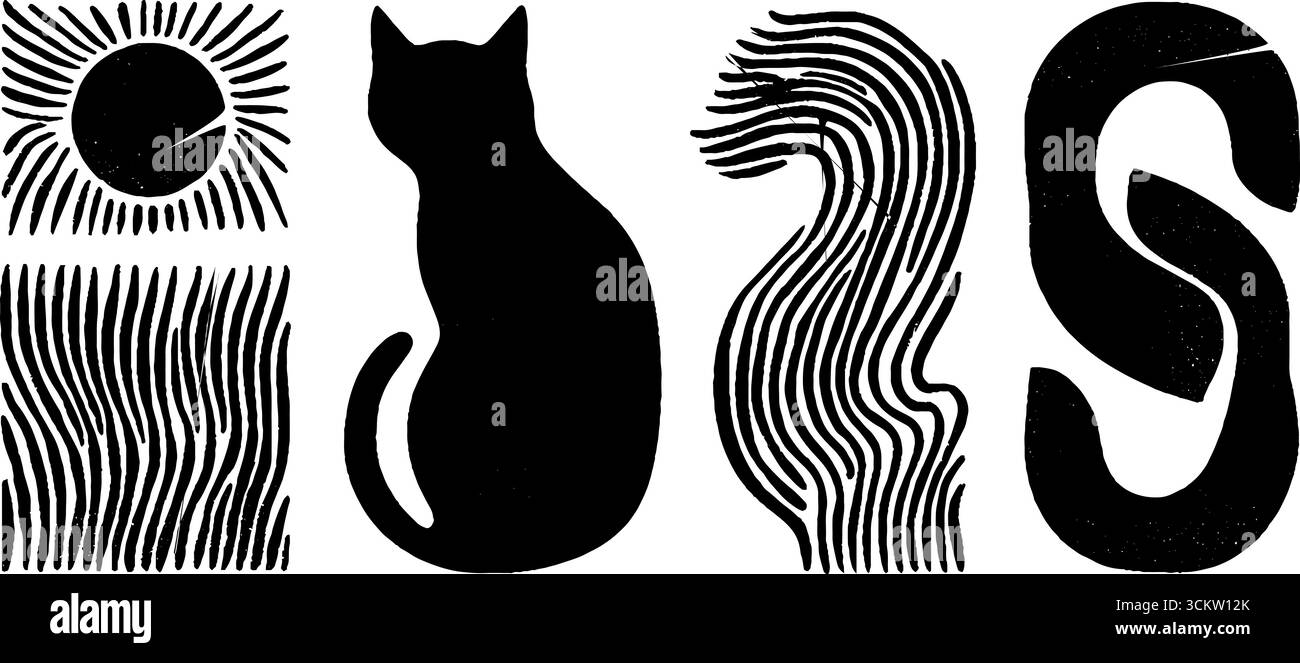 Abstract cat silhouette with curved tail and sun elements for creative ...