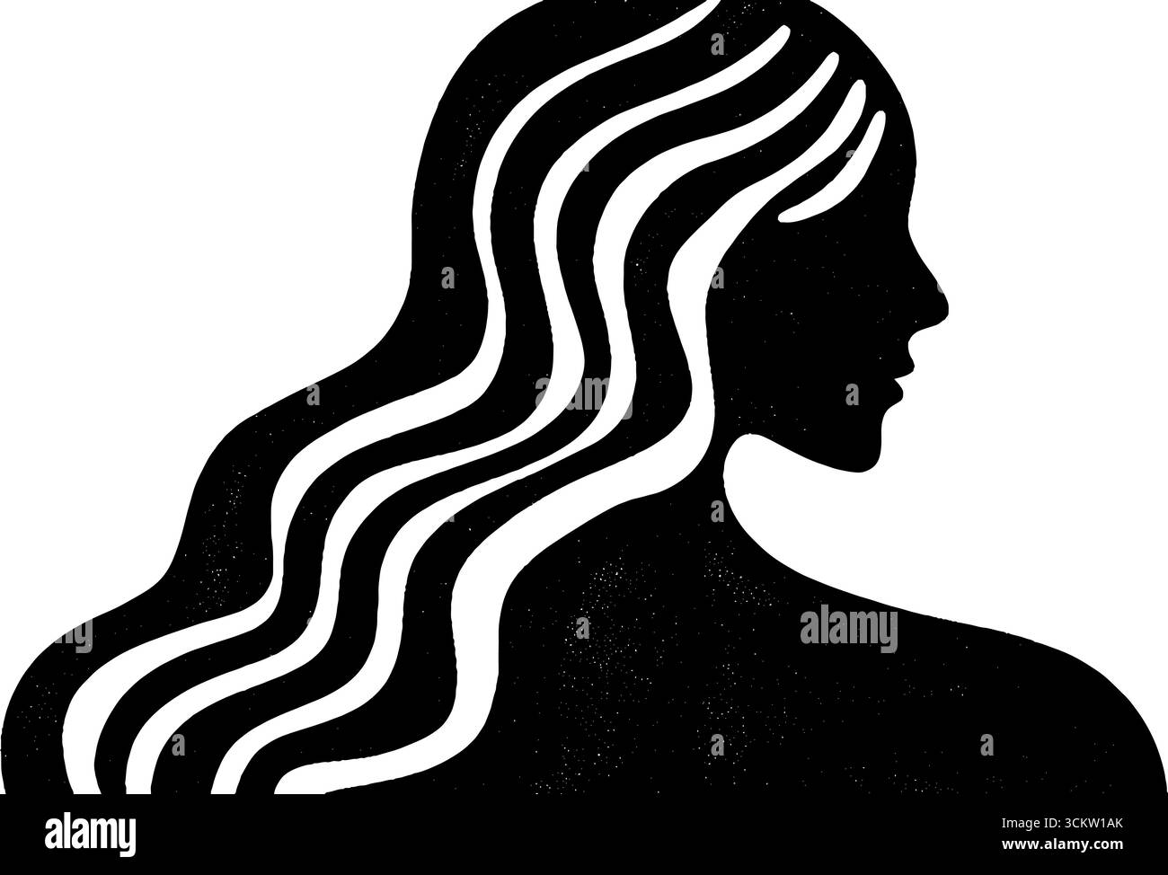 Minimalist black and white silhouette of female with wavy hair design ...