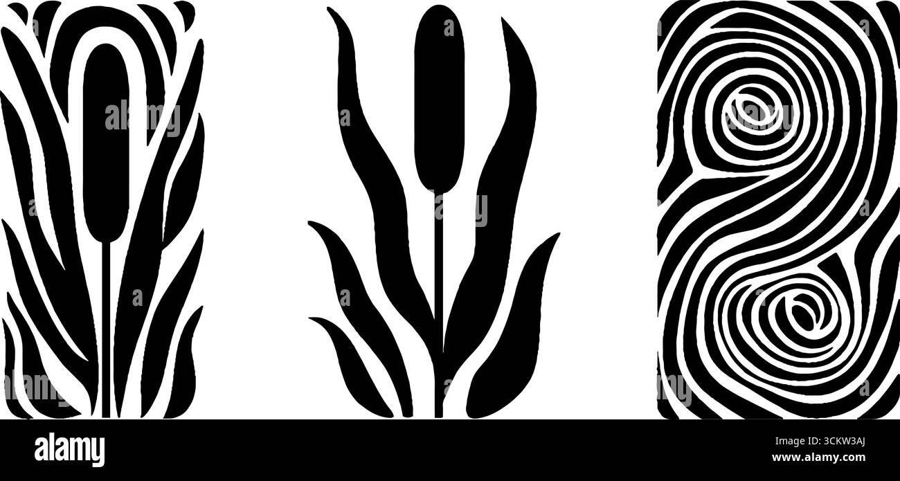 Simple Reed And Ripple Design Elegant nature motifs: crane wing, reed stem, and water ripple patterns ...