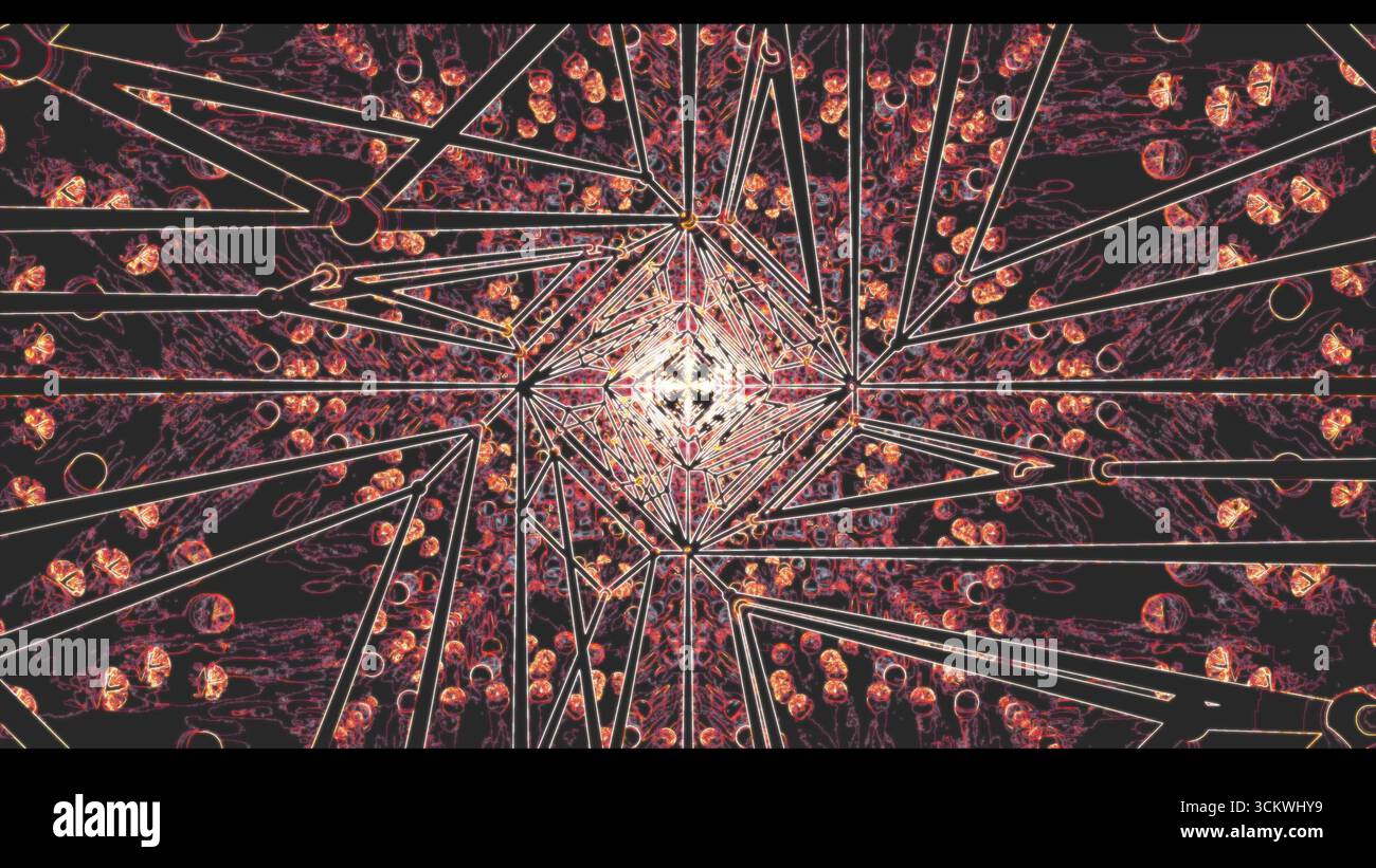 Intricate patterns radiate from the center, featuring sharp lines and ...