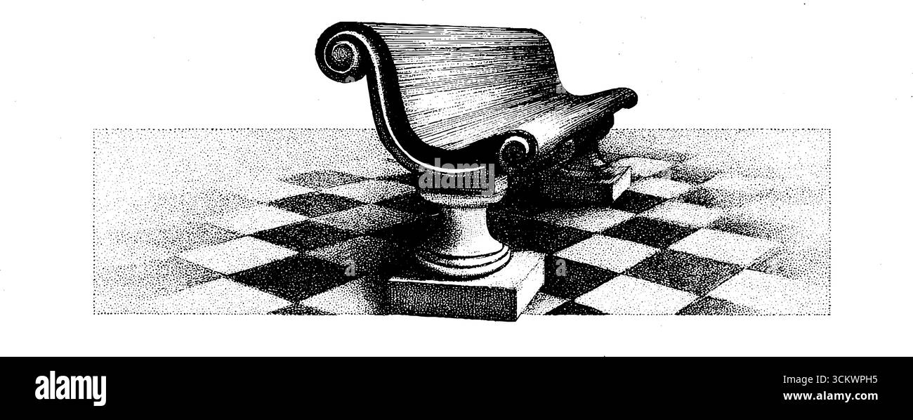 Ink sketch of classic wooden bench on checkered tiled floor - artistic ...