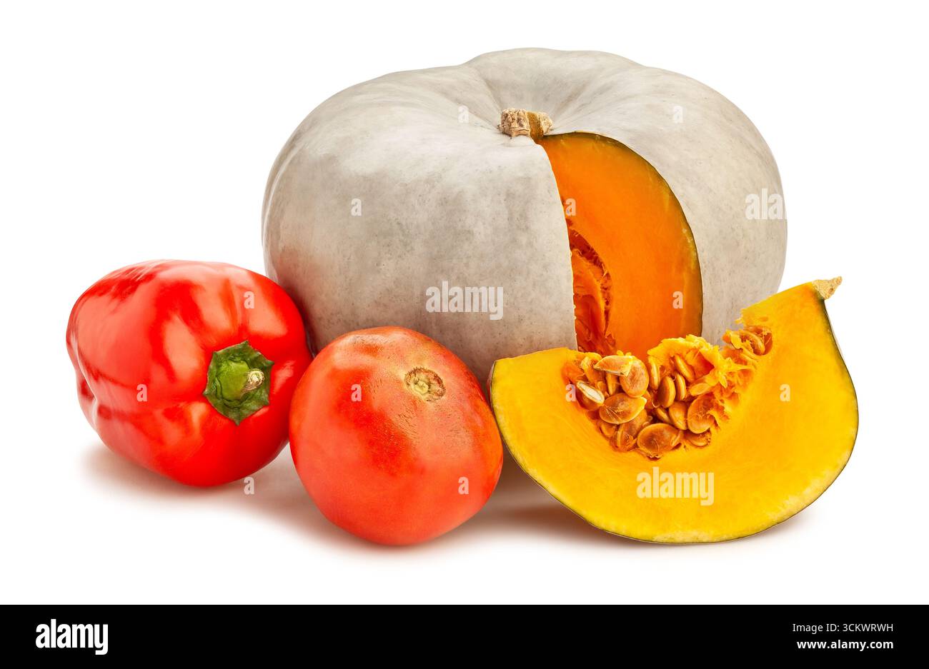 sliced grey pumpkin vegetable mix path isolated on white Stock Photo