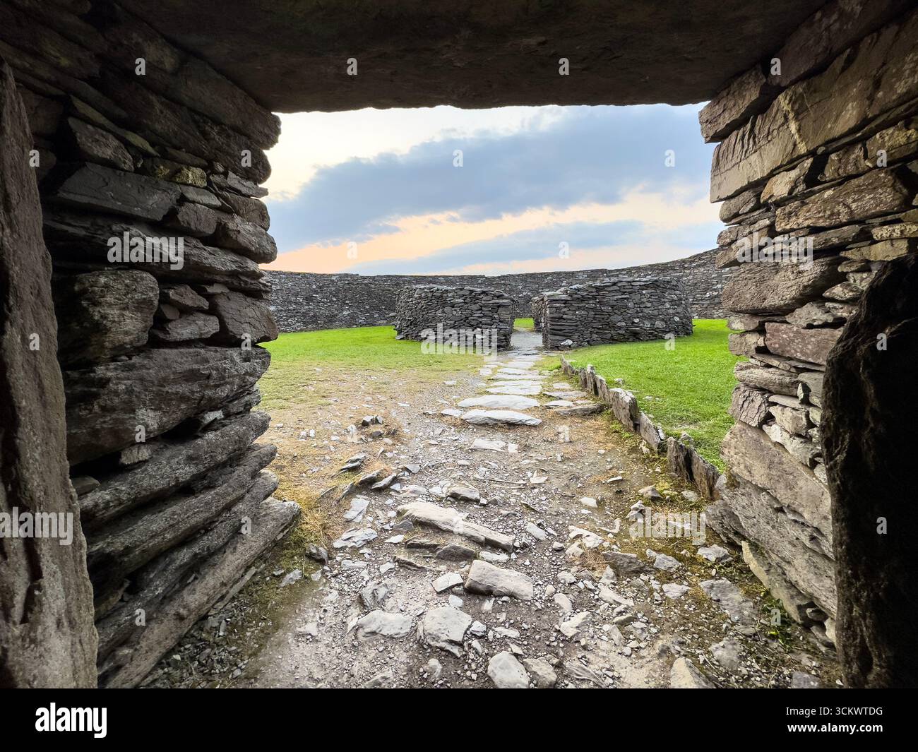 Interior from the gate Cahergal Stone Fort (An Chathair Gheal, “the bright stone fort”) ,  Ballycarbery East, near Cahersiveen, County Kerry, Ireland. - Smartphone Captured Stock Image