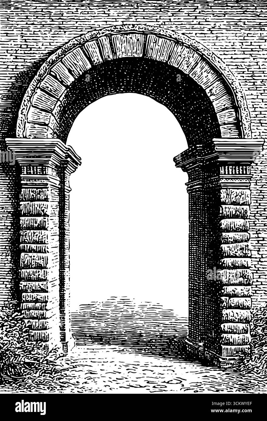 Roman brick arch in vintage engraving style for historical design and ...