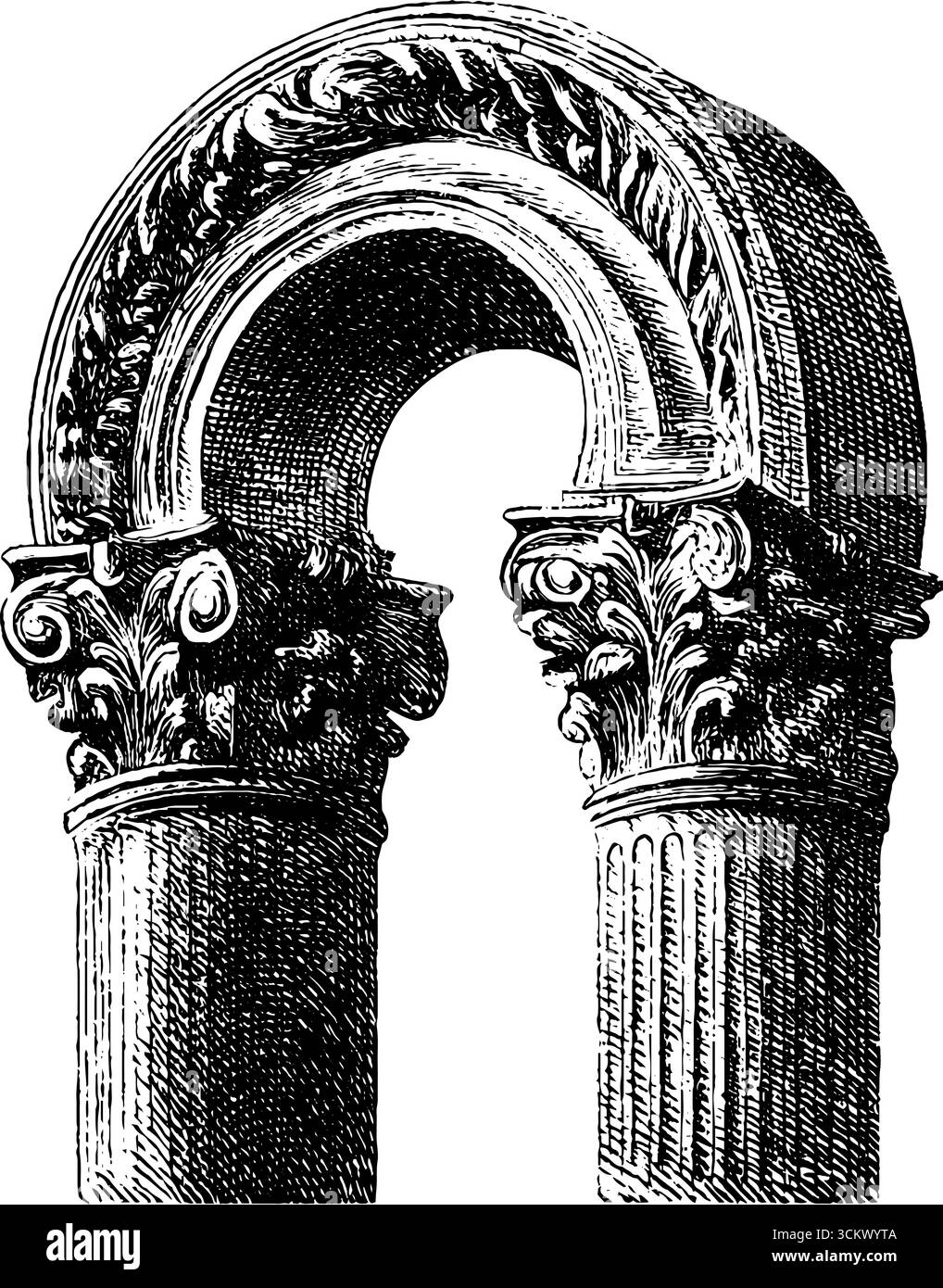 Classical arch keystone with ornate columns in vintage engraving style ...