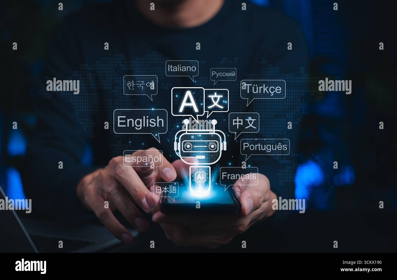 AI-Powered Language Translate App Concept. A person holds smartphone displaying an AI powered language translation app. Stock Photo