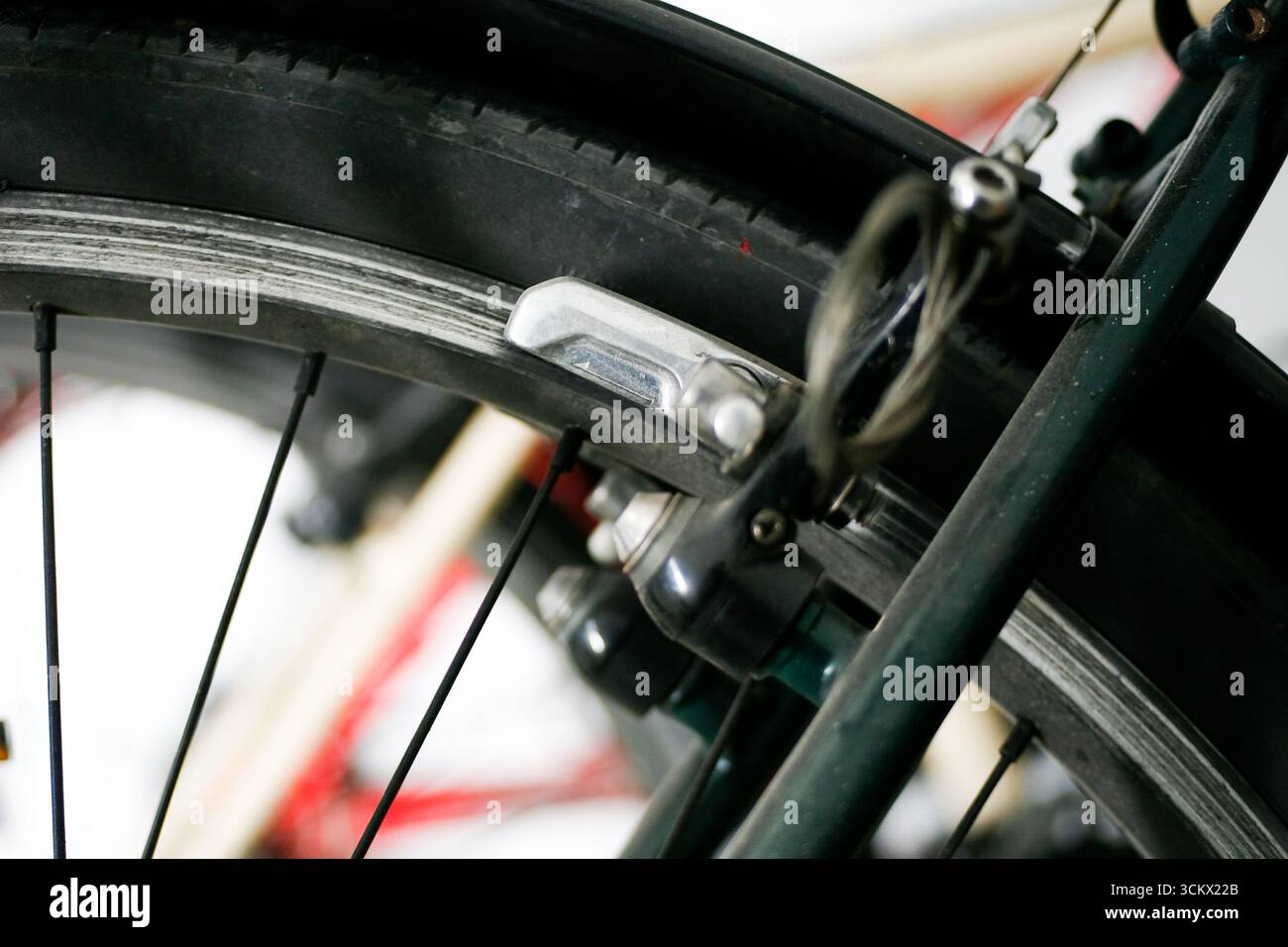 Close up of rim brake bicycle Stock Photo