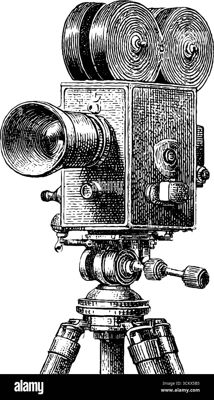 Antique film projector in vintage engraving style for retro design and decor. Stock Vector