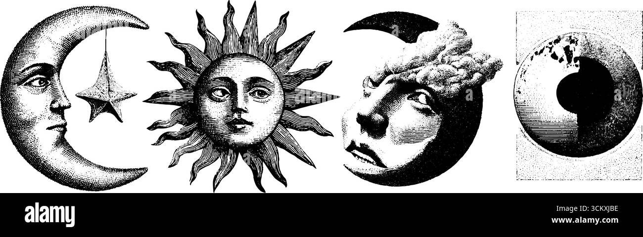 Vintage celestial illustrations of moon and sun faces with stars and ...