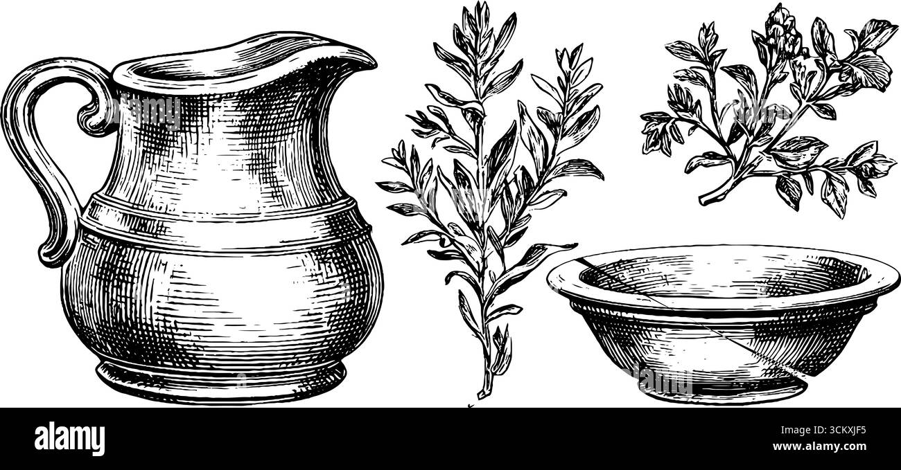 Vintage ceramic pitcher and bowl with botanical elements design for ...