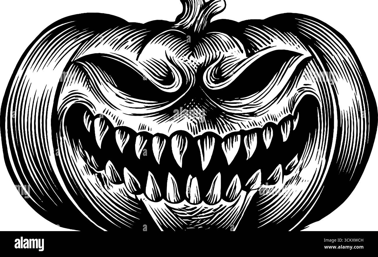 Spooky jack o lantern with crooked smile in black and white for ...