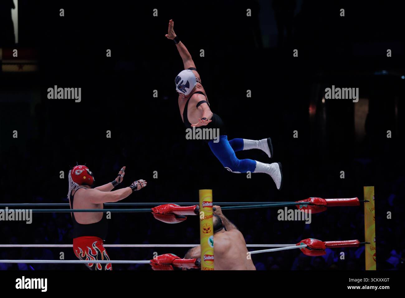 Top Rope Wrestiling Wrestler Atlantis jumps from the top rope against Mephisto during a ...