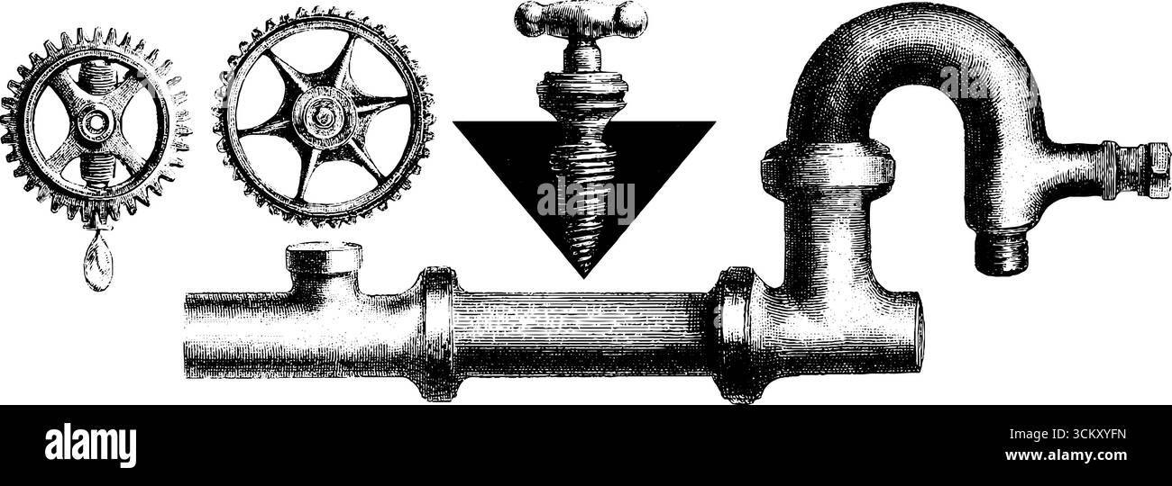 Vintage mechanical cogs and levers with industrial pipe schematic Stock ...