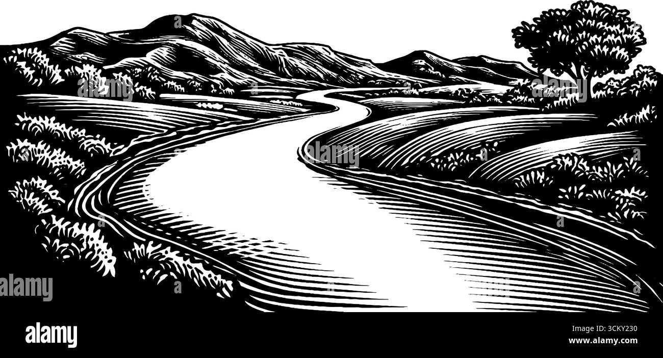Serene river winding amidst peaceful countryside landscape in black and ...
