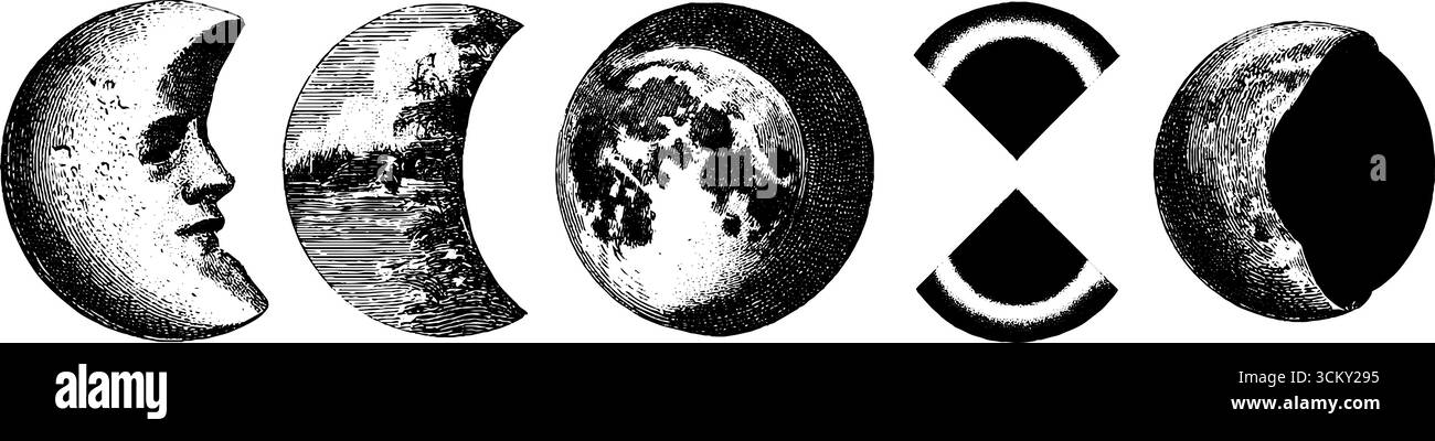 Celestial illustrations of moon phases and planetary orbits Stock ...