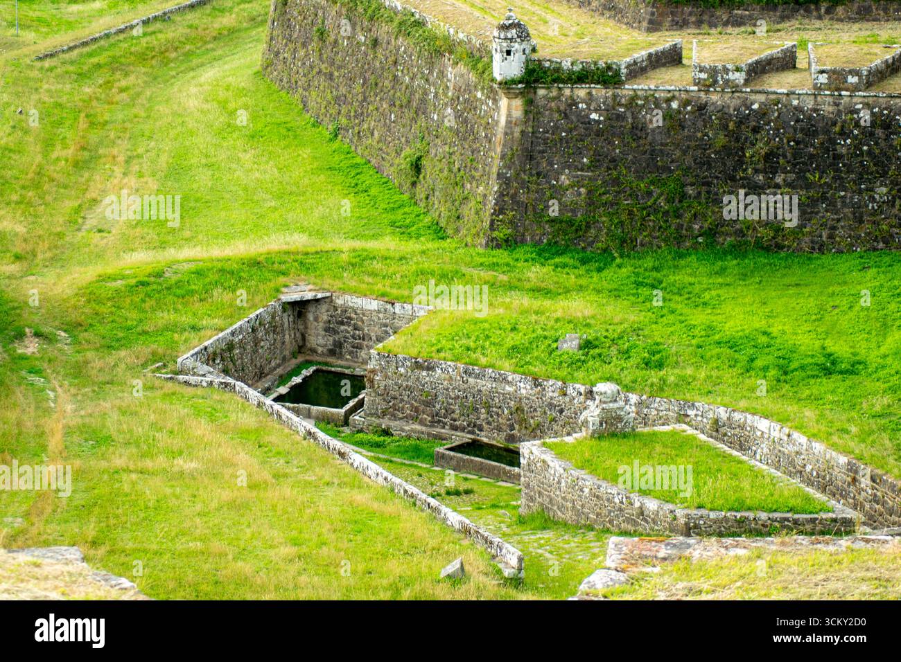 The details of a military fortification with stone walls and bastions ...