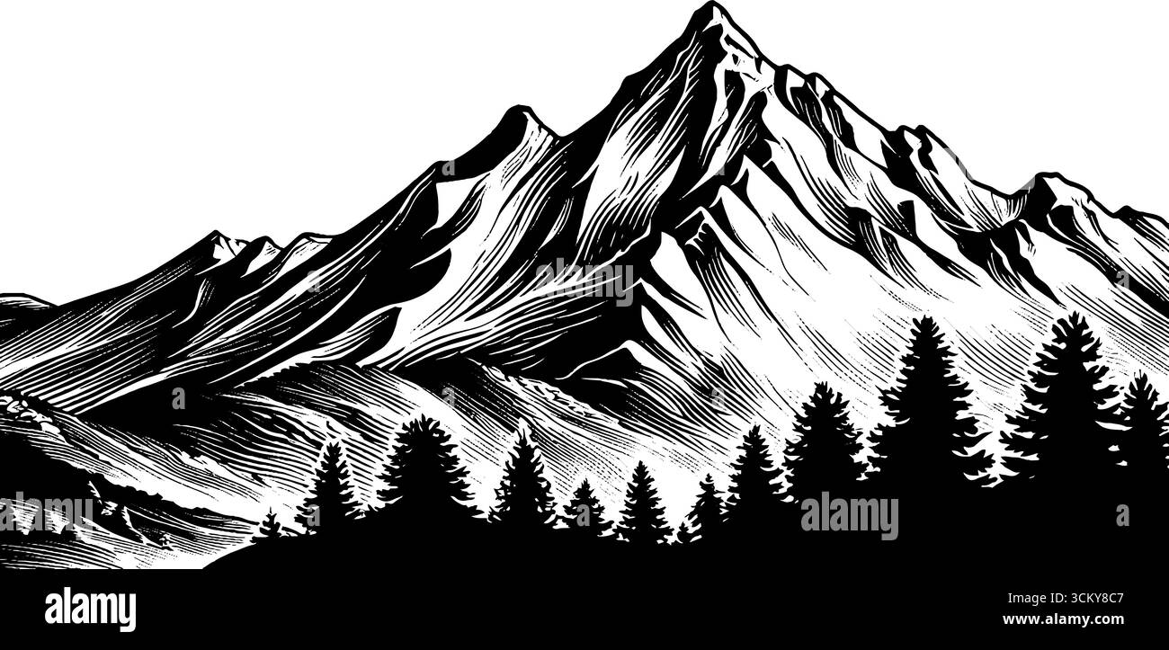 Dramatic highland plateau with eroded edges and pine trees in black and ...