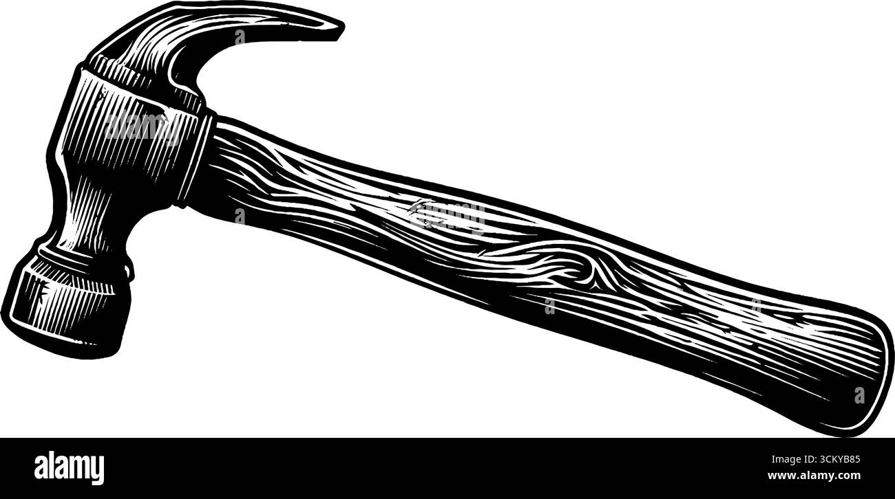 Rustic hammer with worn wooden handle in black and white for vintage ...