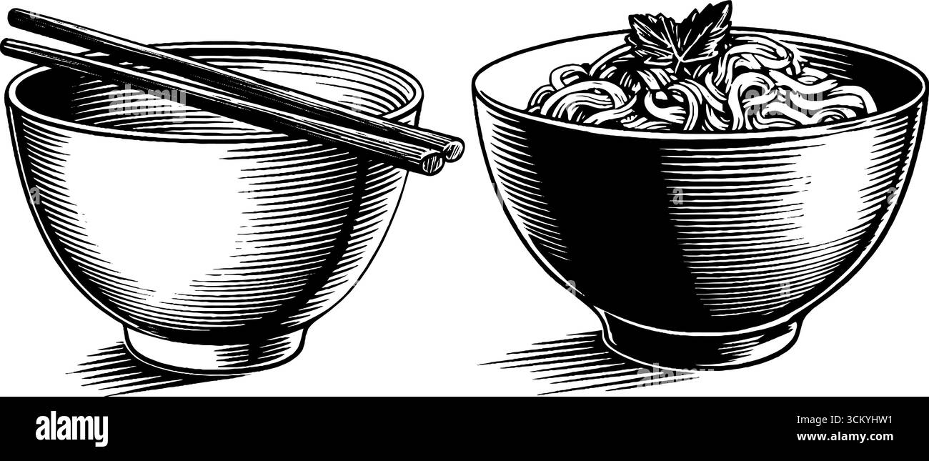 Vietnamese pho bowl with chopsticks and herbs - vintage sketch for ...