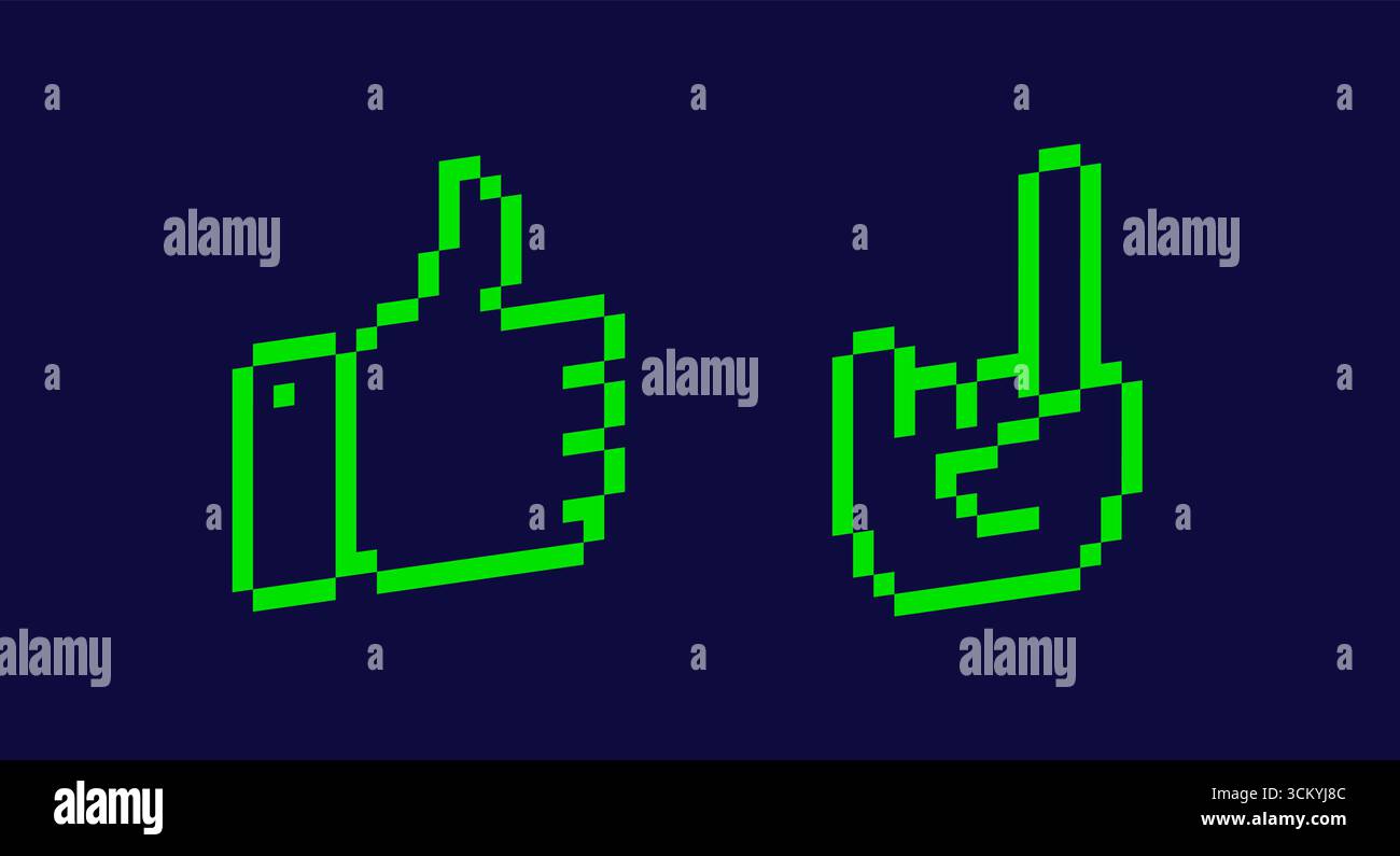 Y2K 3d pixel art user interface elements. Two isometric green gestures - cool and goat. Stock Vector