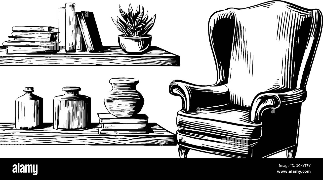 Contemporary floating shelves with books and armchair for home decor design. Stock Vector