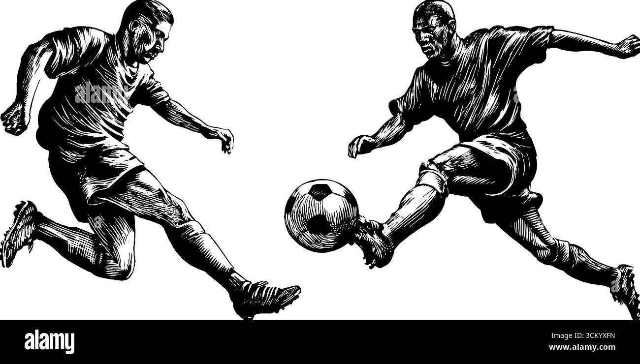 Dynamic duo of footballers kicking ball in mid-air - black and white sports artwork. Stock Vector