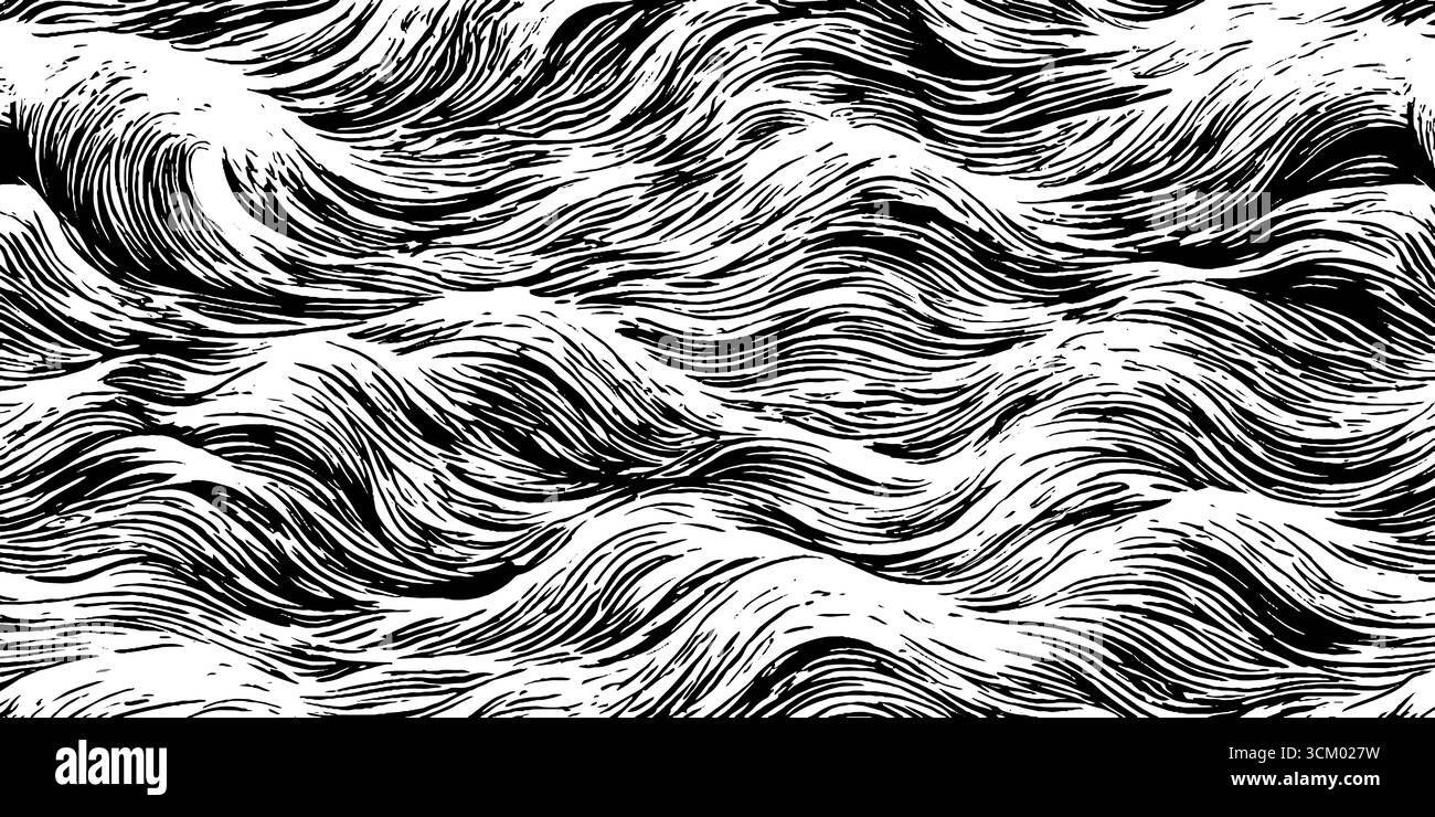 Ocean wave curls seamless pattern in black and white for nautical ...