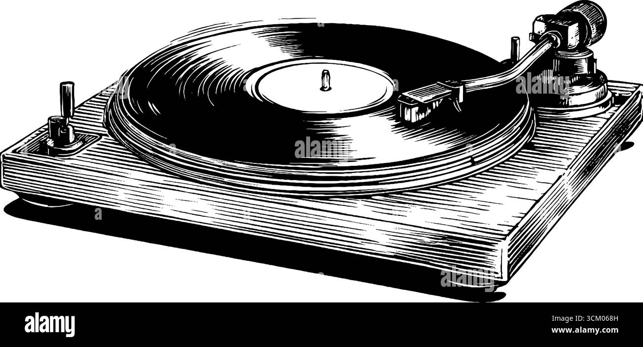 Vintage record player and vinyl in retro sketch style for music ...