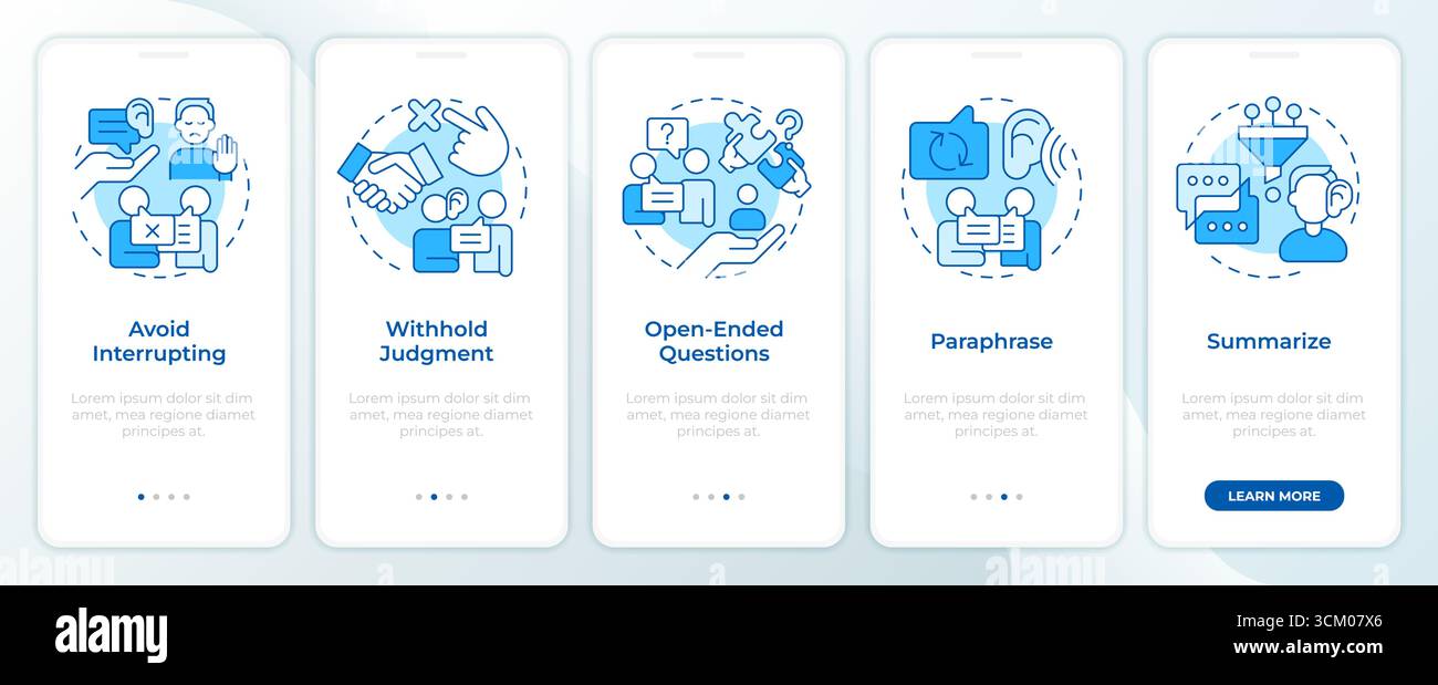 Listening techniques blue onboarding mobile app screen Stock Vector