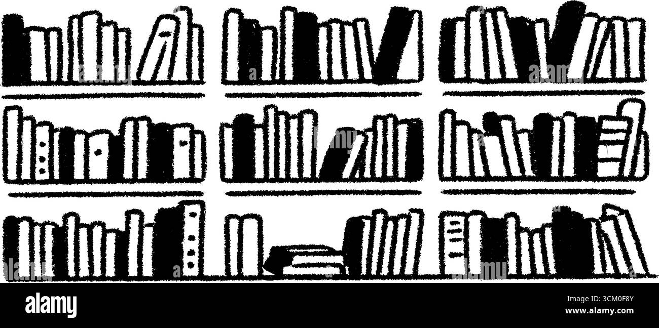 Home library sketch with tall bookshelves and stacked books. Stock Vector