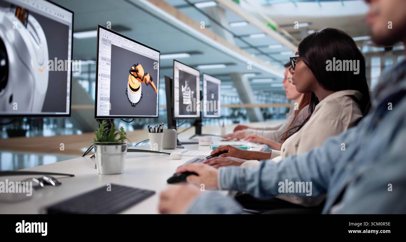Diverse Team Of Designers Developing 3D CAD Models Online Stock Photo